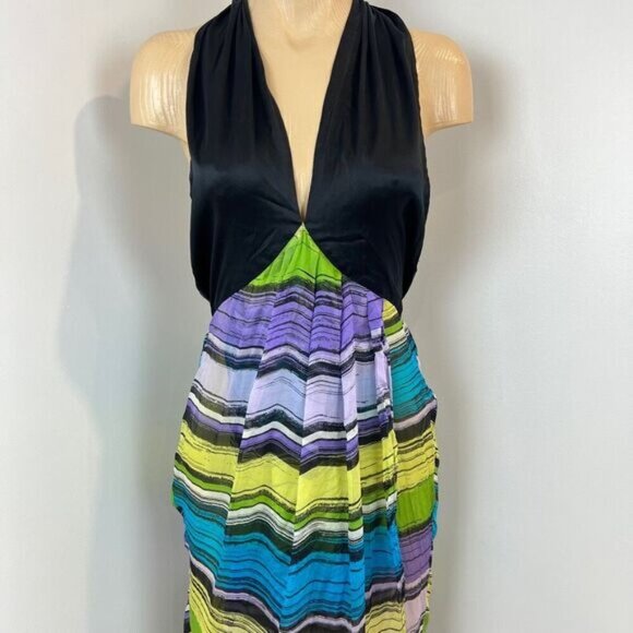 Bebe Large Y2K Multi Halter Sleeveless Open Back Maxi Dress Sundress Silk Beach - Picture 3 of 13